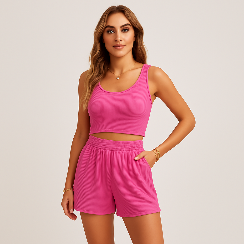 Geripptes Camisole- und Shorts-Set für Damen – Lässiges 2-teiliges Lounge-Outfit