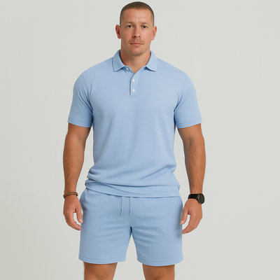 Herren Sommer Casual Set – Leichtes Oberteil mit Golfkragen und einfarbige Shorts mit Taschen