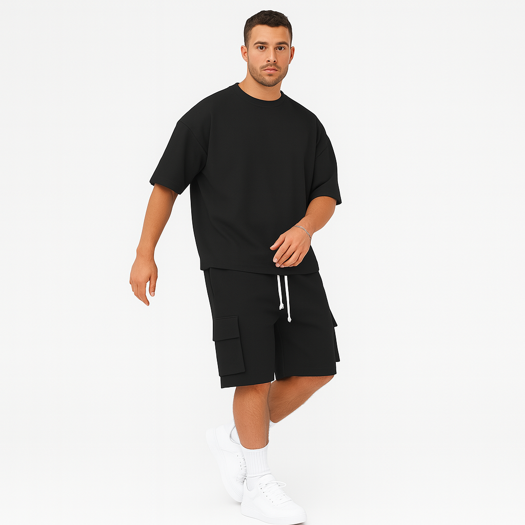 Herren-Sportbekleidungsset – Atmungsaktives Polyester-Rundhals-T-Shirt & Shorts mit Kordelzug und Taschen