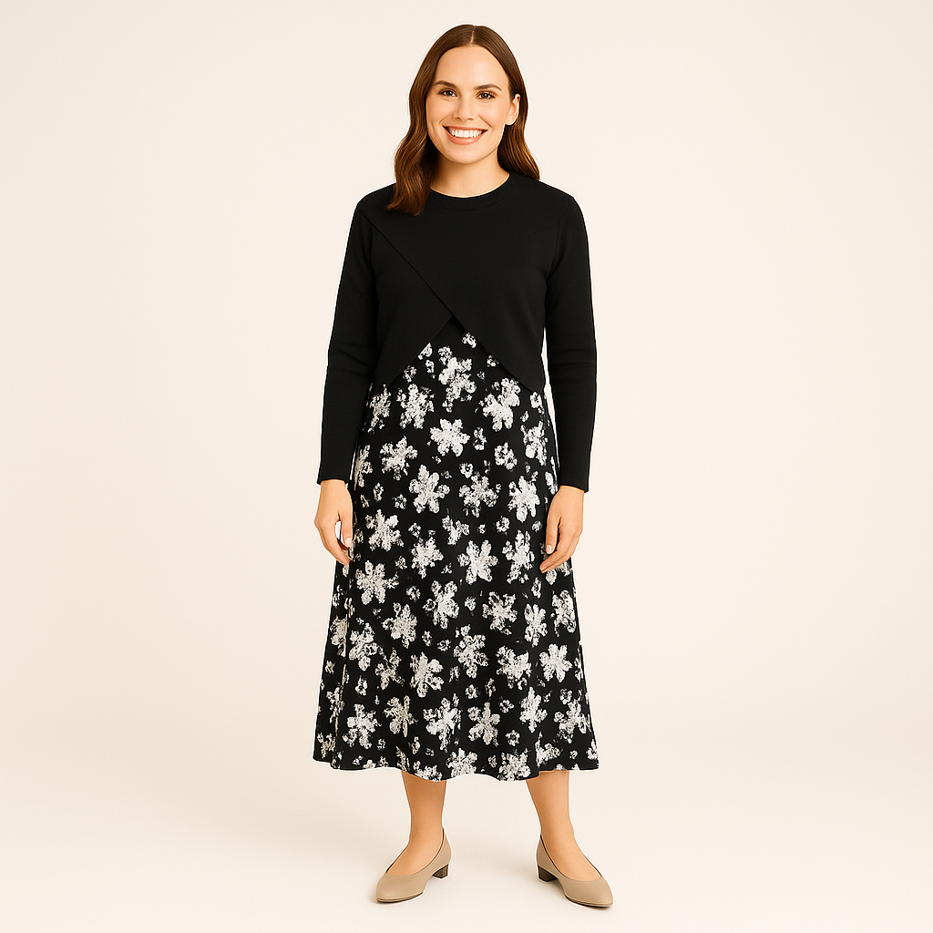 Elegantes Satinkleid - Stricktop-Kombinationsset