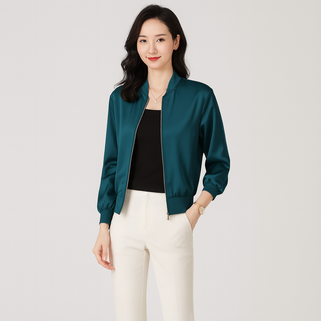 Fliegerblouson aus Satin für Damen – lockere Passform, Reißverschluss, Allwetterstil
