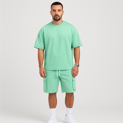 Herren-Sportbekleidungsset – Atmungsaktives Polyester-Rundhals-T-Shirt & Shorts mit Kordelzug und Taschen