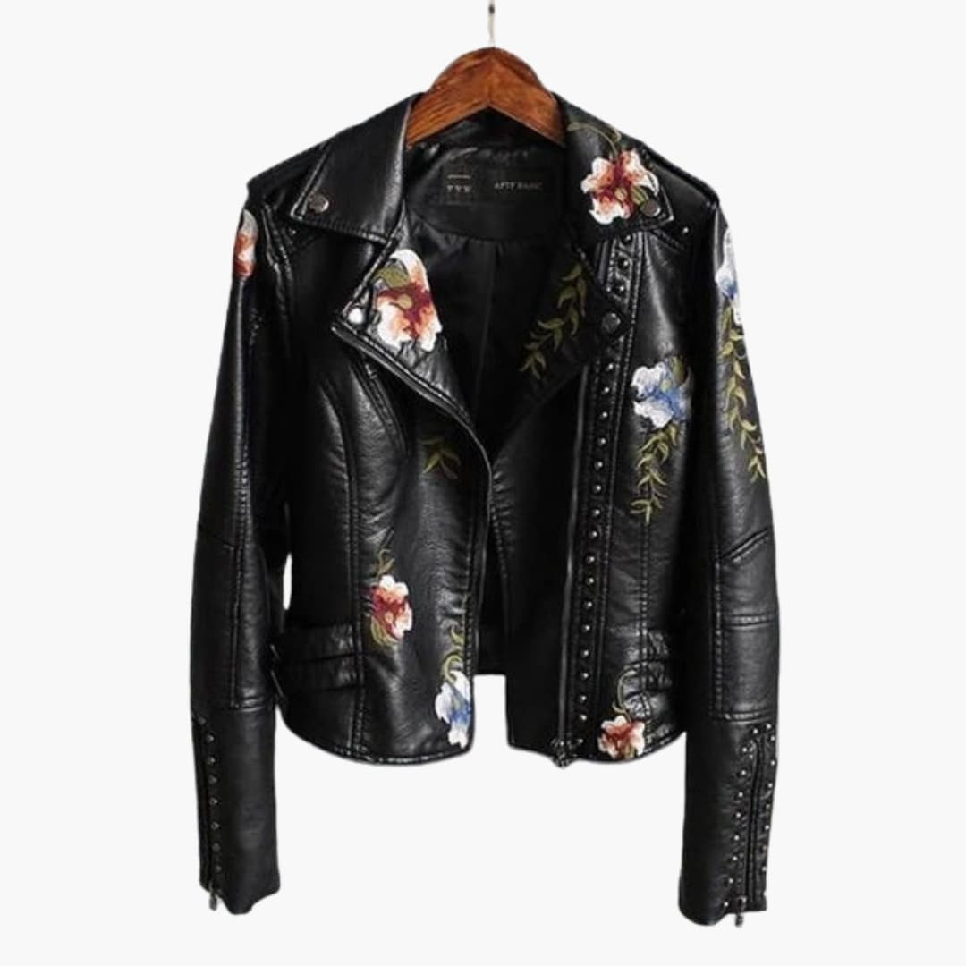 Damen Bikerjacke mit Blumenstickerei und Nieten-Details