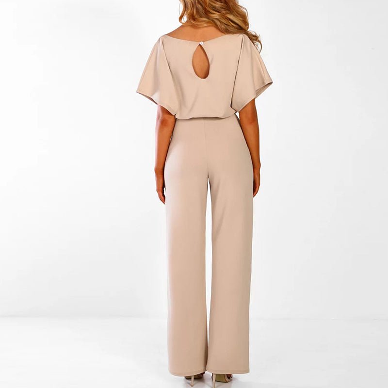 Eleganter Damen Jumpsuit Beige - Festlicher Overall mit Gürtel und weitem Bein