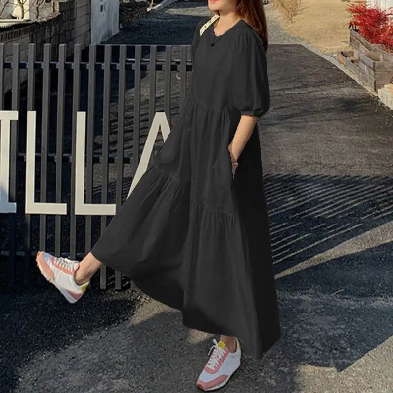 Vicky Casual Kleid | Stilvolles Maxikleid mit kurzem Ärmel und Rundhalsausschnitt