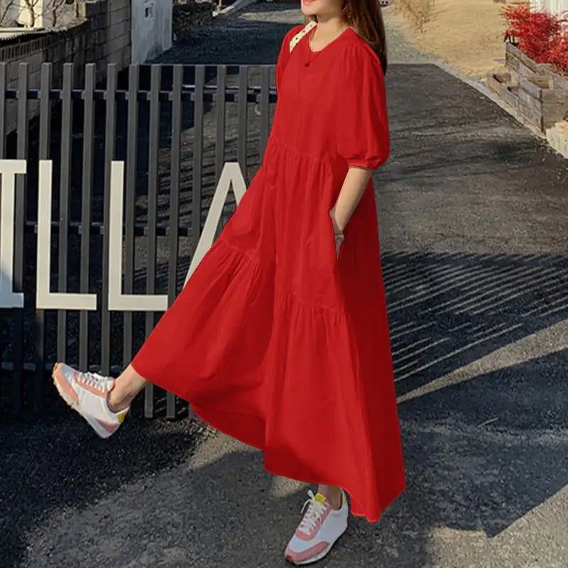 Vicky Casual Kleid | Stilvolles Maxikleid mit kurzem Ärmel und Rundhalsausschnitt