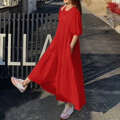 Vicky Casual Kleid | Stilvolles Maxikleid mit kurzem Ärmel und Rundhalsausschnitt