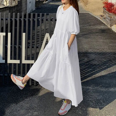Vicky Casual Kleid | Stilvolles Maxikleid mit kurzem Ärmel und Rundhalsausschnitt