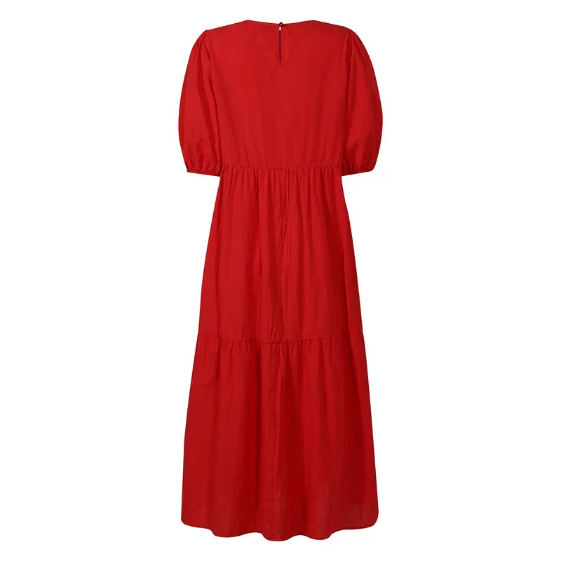 Vicky Casual Kleid | Stilvolles Maxikleid mit kurzem Ärmel und Rundhalsausschnitt