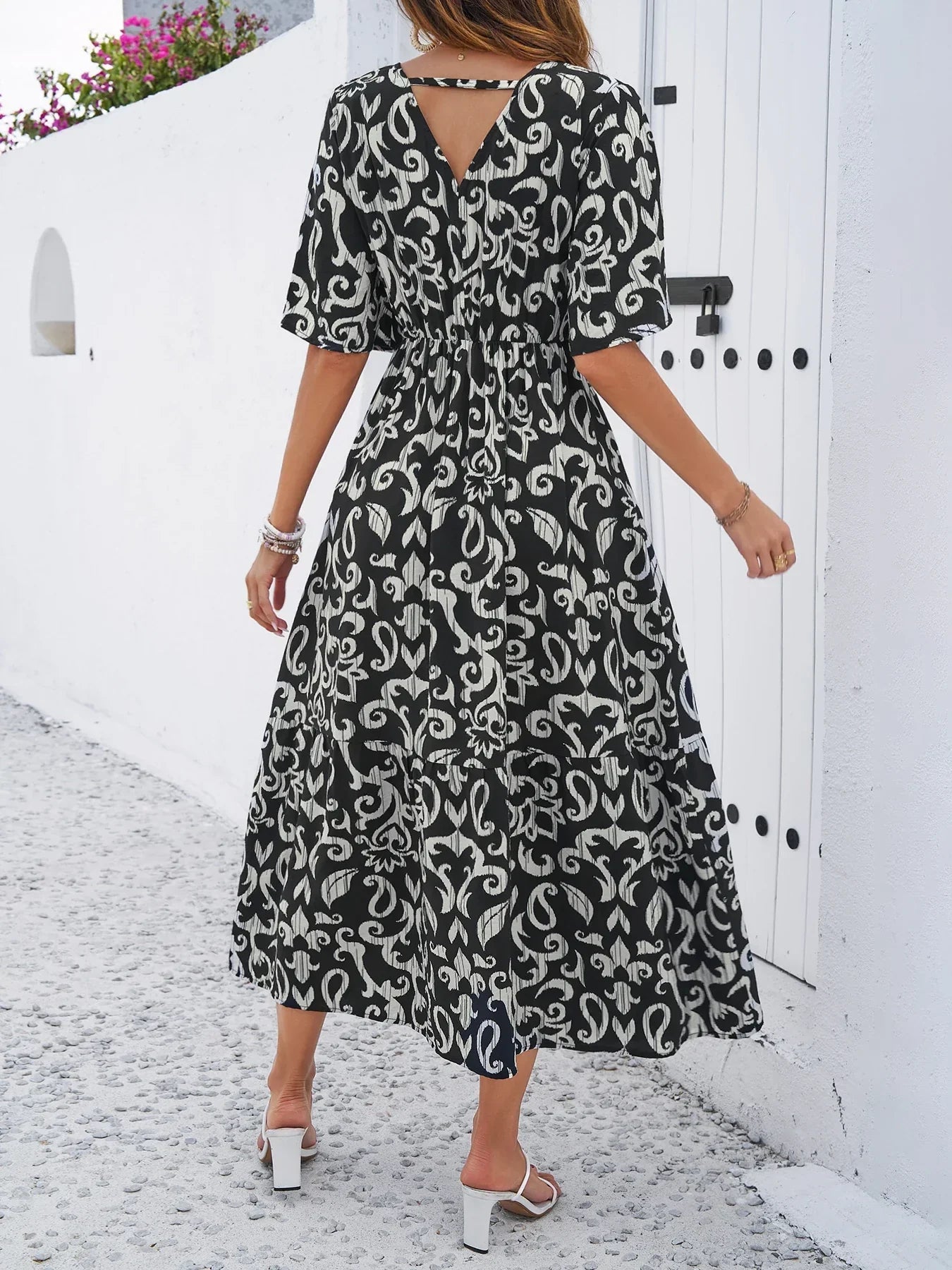 Heidi-Mode | Elegante Maxi Kleid Mit V-Ausschnitt Und Druck
