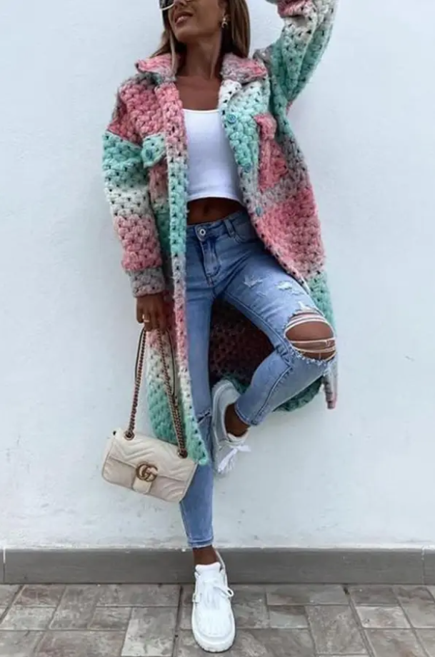 Heidi-Mode | Mehrfarbener Tweed-Mantel mit Taschen