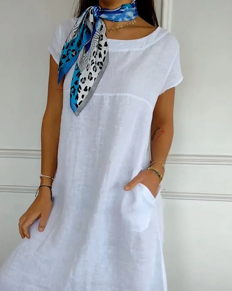 Luftiges Damen Baumwollkleid - Sommerlich weißes Design mit praktischen Taschen