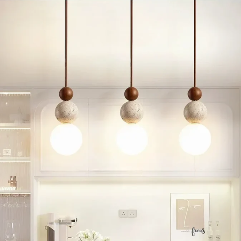 Moderne Pendelleuchte aus Travertin und Mahagoni – Hängelampe für Esszimmer, Wohnzimmer und Küche
