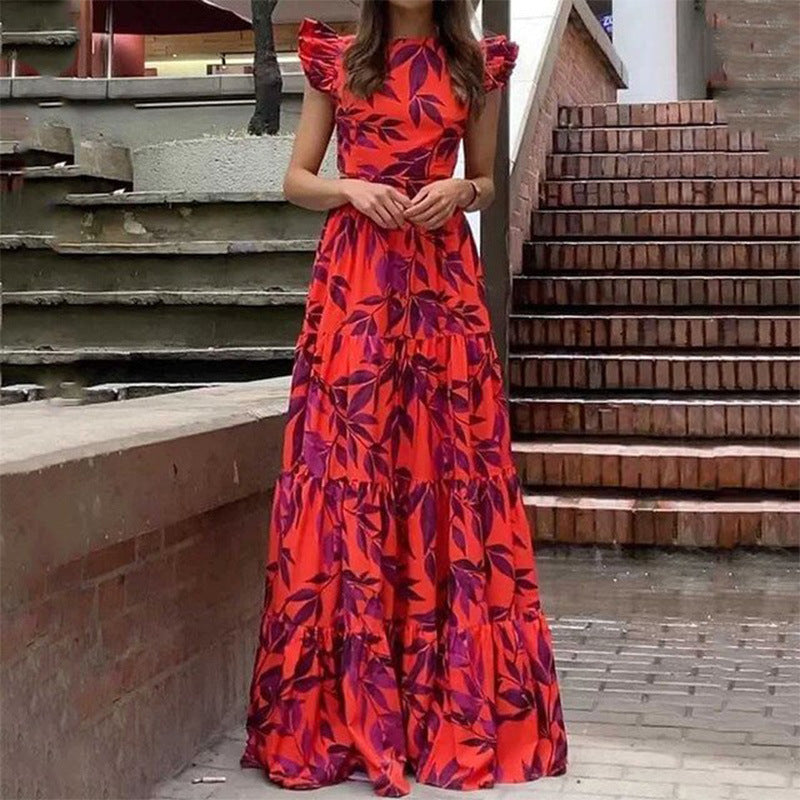 Liora – Damen Maxikleid mit Volants in Rot & Lila | Sommerkleid mit Tropenprint & Rüschenärmeln