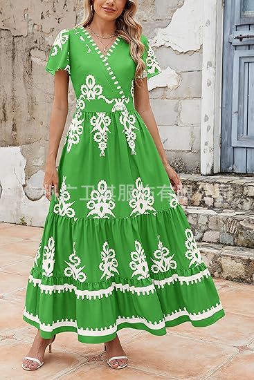 Donka - Elegantes V-Ausschnitt Blumendruck A-Linie Maxikleid