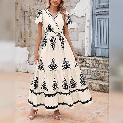 Donka - Elegantes V-Ausschnitt Blumendruck A-Linie Maxikleid