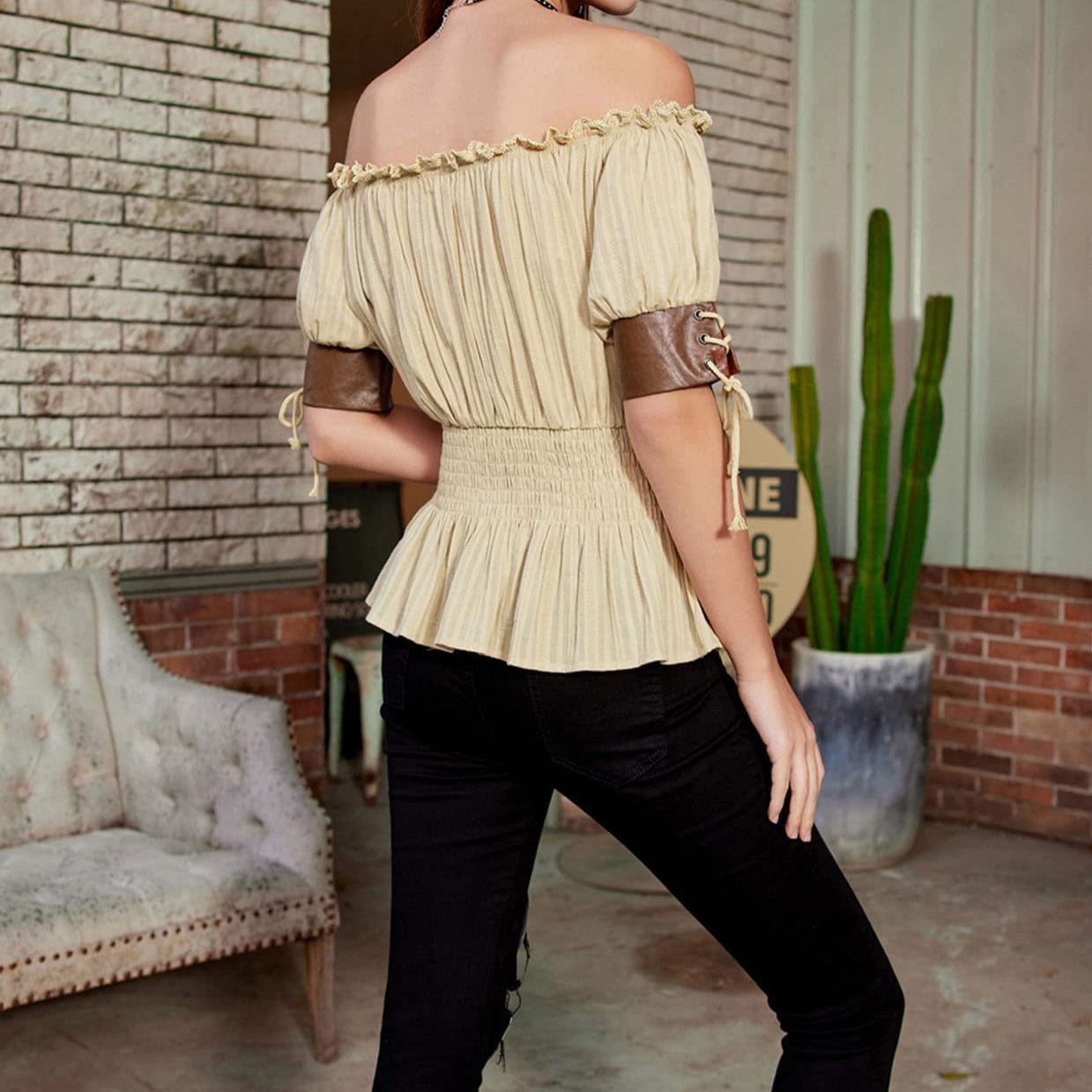 Renaissance Style Half Sleeve Lace-Up Blouse