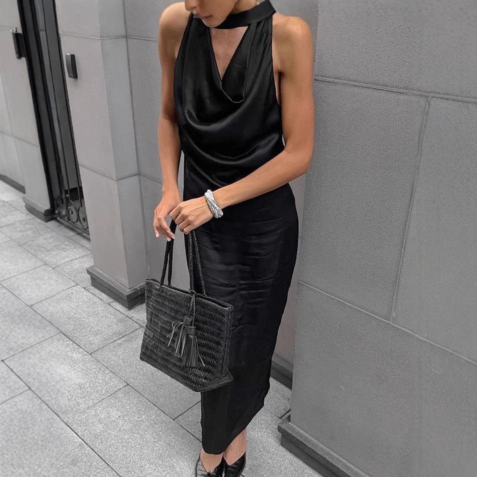 Damen Bodycon Midi Kleid Mit Halfterhals & Drapiertem Cowl-Ausschnitt - Kristíana