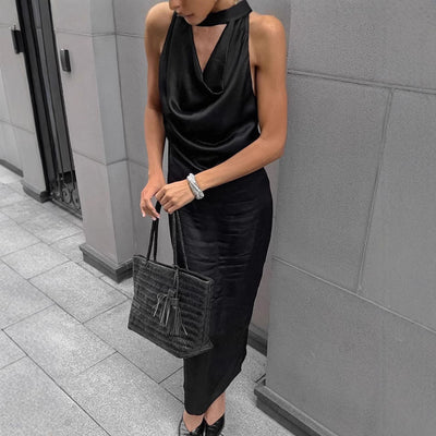 Damen Bodycon Midi Kleid Mit Halfterhals & Drapiertem Cowl-Ausschnitt - Kristíana