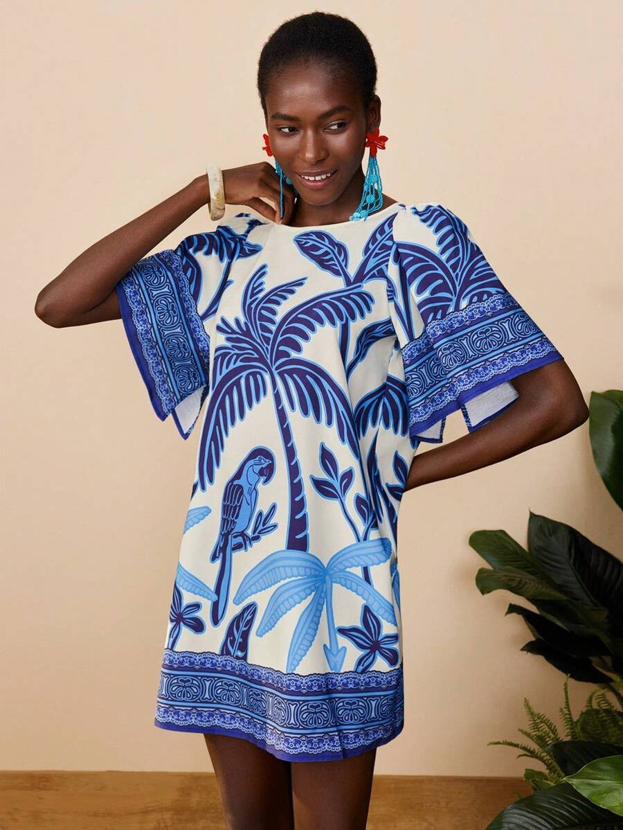 Lyra | Bedrucktes Kurzes Kleid mit Rundhalsausschnitt