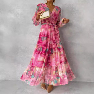 Connie  - Langes mit V-Ausschnitt Chiffon Kleid