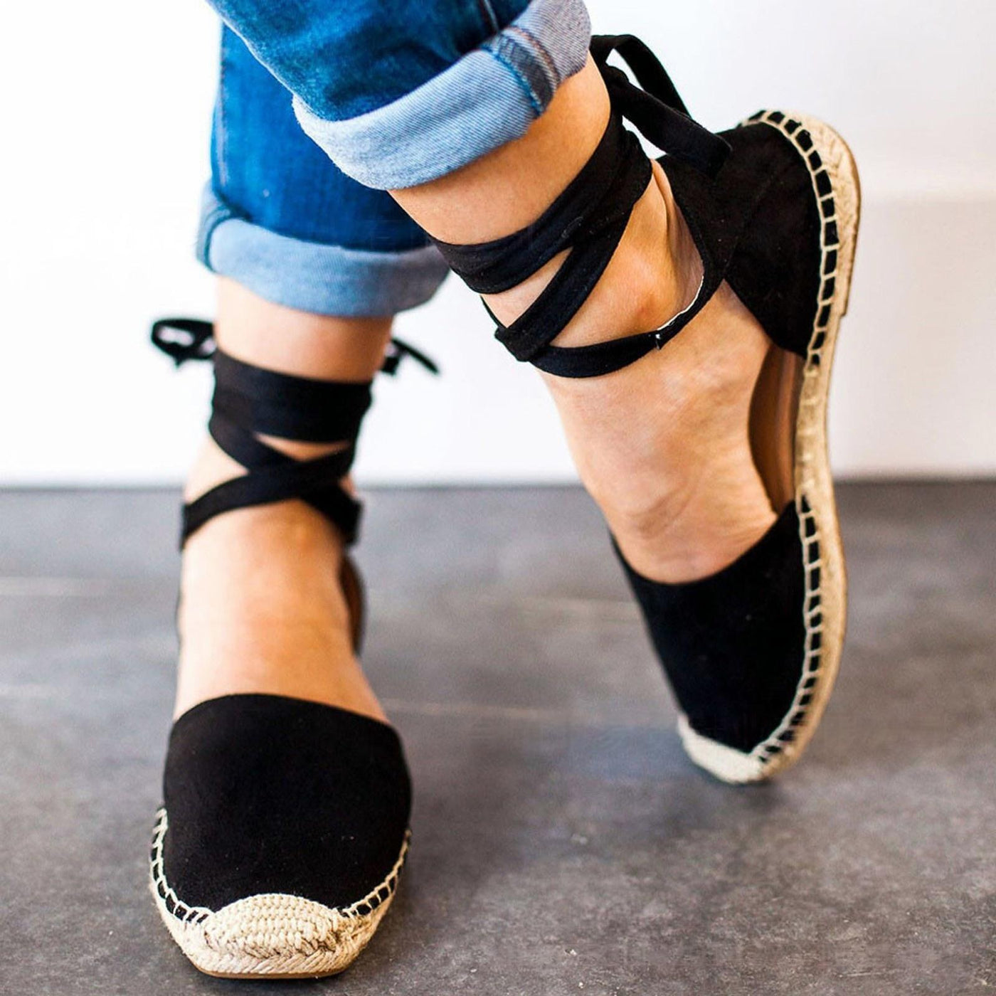 Nadia Espadrilles Plateau | Boho schwarze Espadrilles sandaletten für Damen mit Riemchen