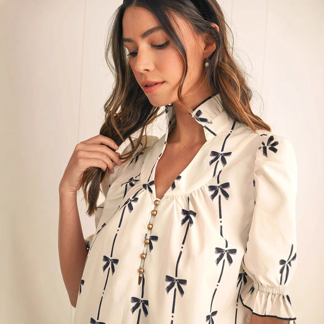 Damen A-Linien Kleid  mit Puffärmeln und Bogendetail - Salome