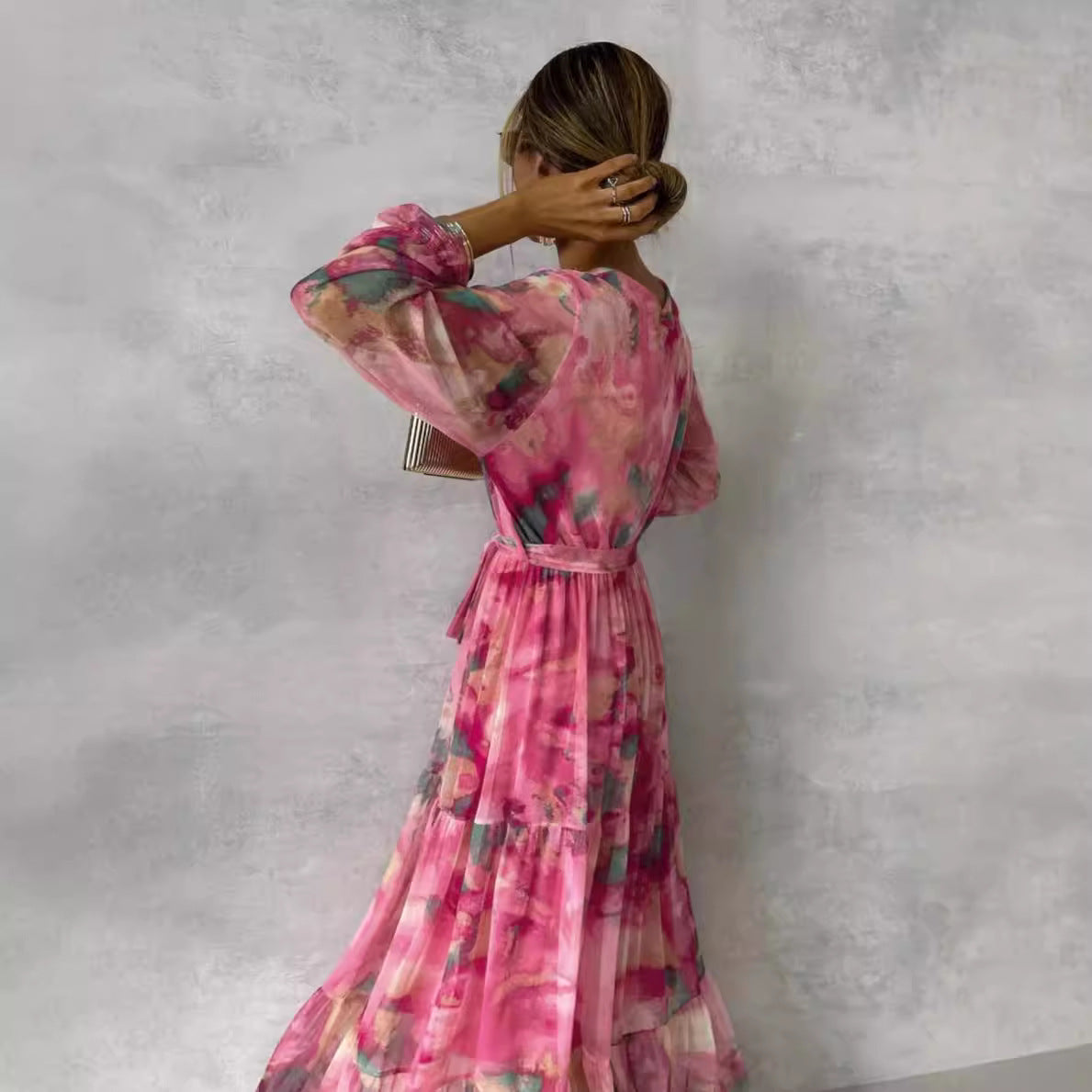 Connie  - Langes mit V-Ausschnitt Chiffon Kleid