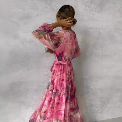 Connie  - Langes mit V-Ausschnitt Chiffon Kleid