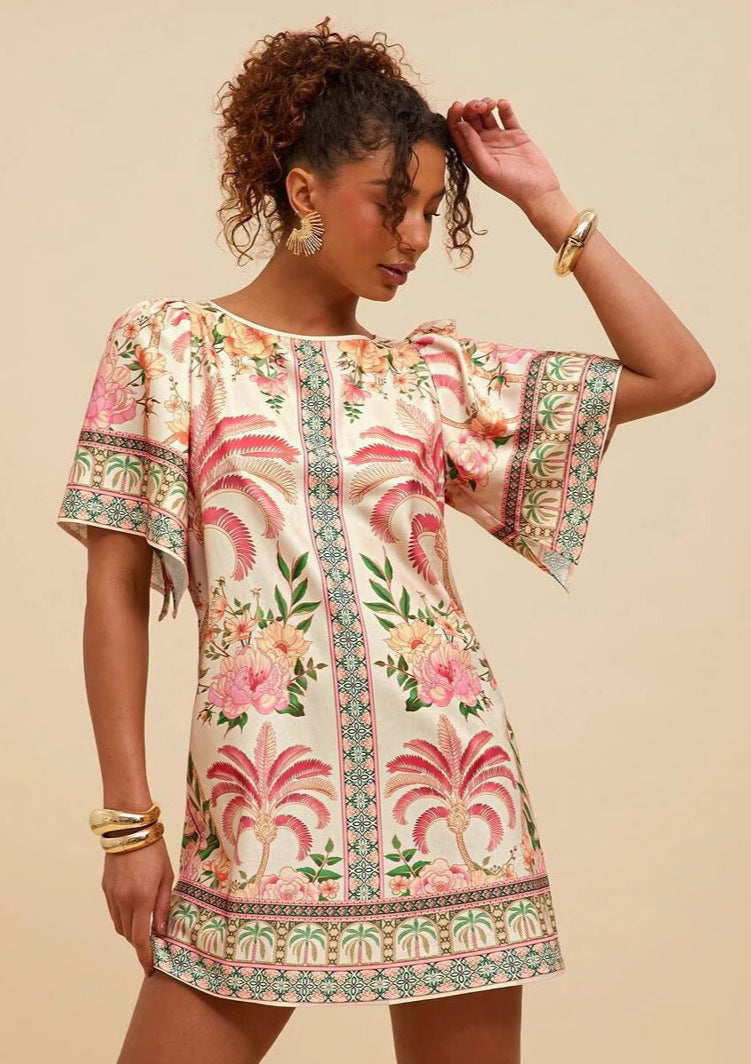 Lyra | Bedrucktes Kurzes Kleid mit Rundhalsausschnitt