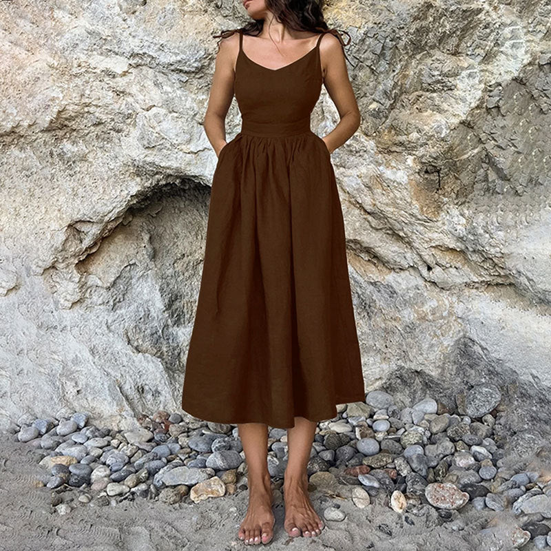 Solvej -  Damen Midi Kleid  V-Ausschnitt Mit Offener Rücken