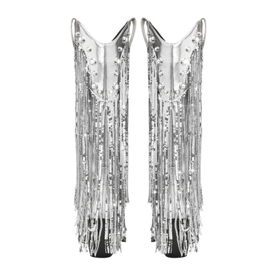 Silberne Cowboystiefel für Damen | Kniehohe