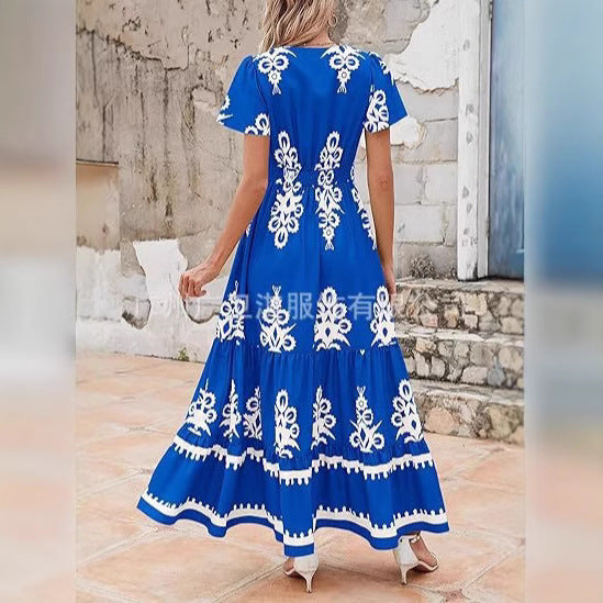 Donka - Elegantes V-Ausschnitt Blumendruck A-Linie Maxikleid