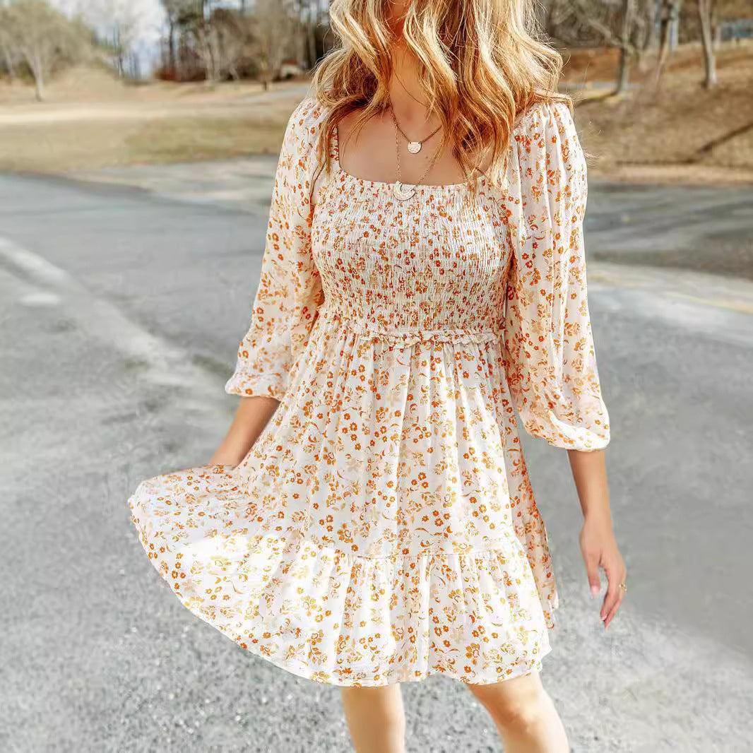 Blumendruck Kurzarm A-Line Sommerkleid - Geira