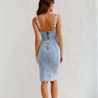 Jeanskleid für Damen - Sommerkleid mit Schlitz und offenem Rücken