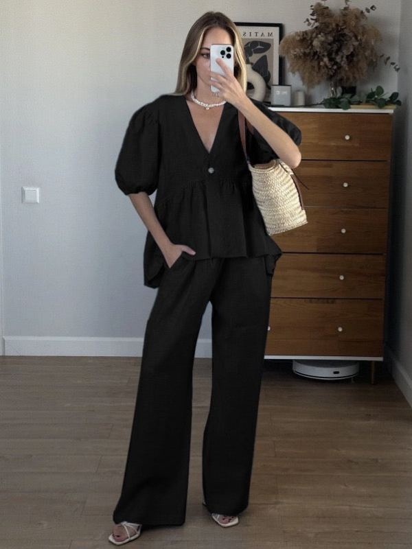 LINEN RUFFLED BUBBLE SLEEVE TWO-PIECE SET