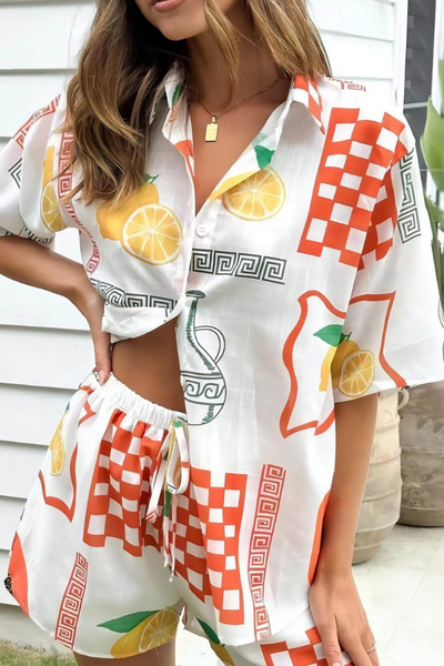 Übergrößes Hemd &amp; Shorts Set für Damen im Zitronendruck - Nymeria