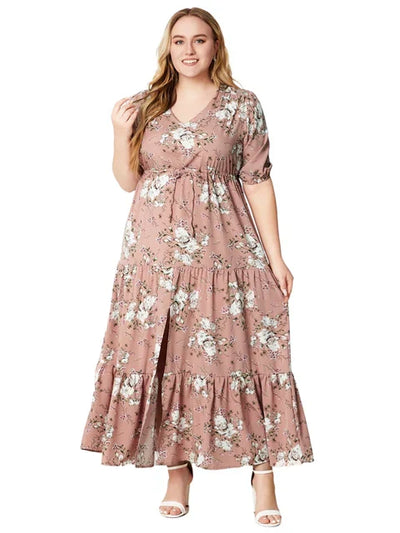 Heidi-Mode | Große Größen Blumenmuster Kleid Mit Halbem Schlitz