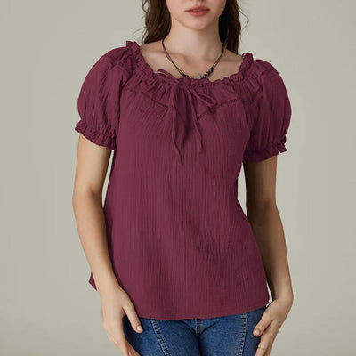 Renaissance Crew Neck Off Shoulder Lace-up Tops