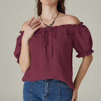 Renaissance Crew Neck Off Shoulder Lace-up Tops
