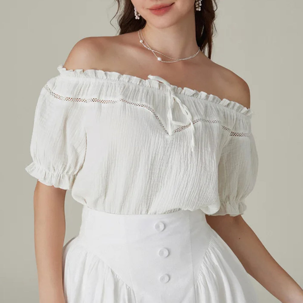 Renaissance Crew Neck Off Shoulder Lace-up Tops