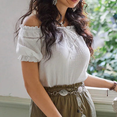 Renaissance Crew Neck Off Shoulder Lace-up Tops