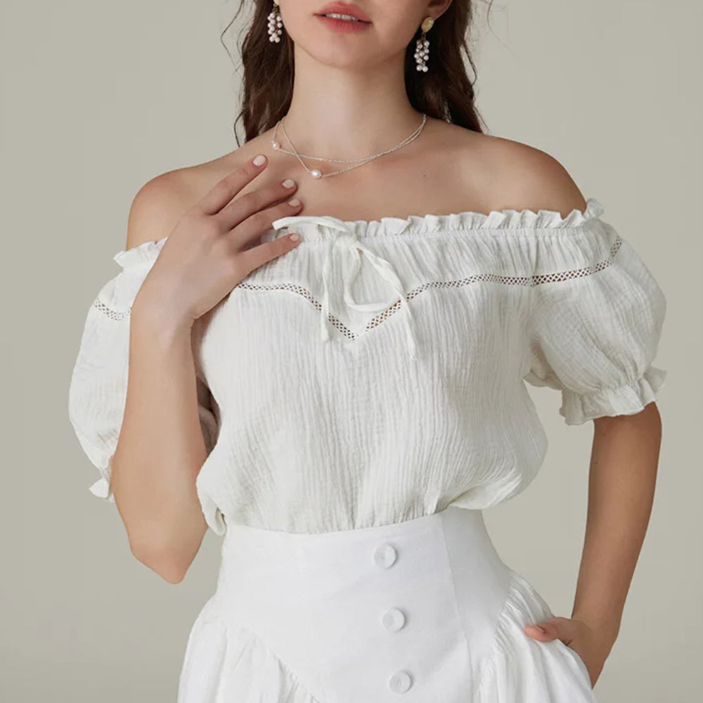 Renaissance Crew Neck Off Shoulder Lace-up Tops