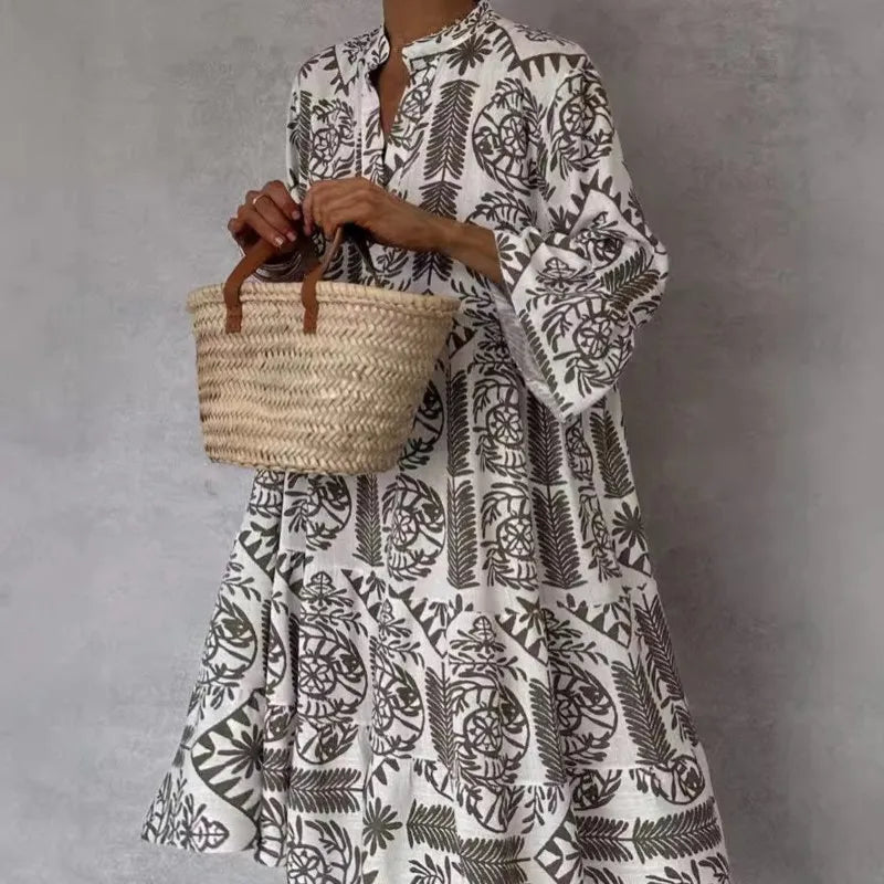 Tunika Kleid für Damen - Gemustertes Sommerkleid mit Stehkragen
