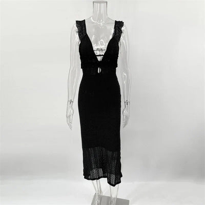 Evi Strickkleid | Langes, ärmelloses Sommer-Strandkleid mit schmaler Passform und tiefem V-Ausschnitt für Damen