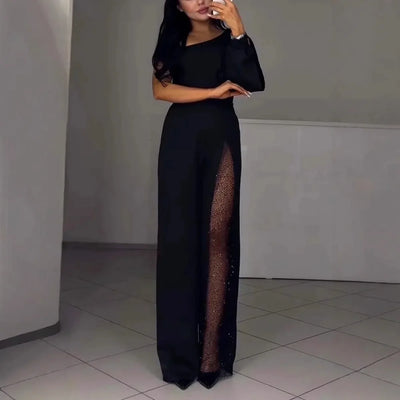 Modischer und sexy Damen Jumpsuit mit abfallenden Schultern und hohem Schlitz