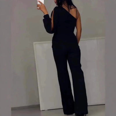 Modischer und sexy Damen Jumpsuit mit abfallenden Schultern und hohem Schlitz