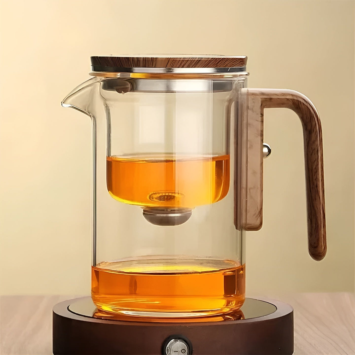 Glasteekanne mit Holzgriff – Ein-Klick-Filter | Perfekt für losen Tee & Puer