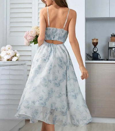 Irene Romantisch Kleid | Elegantes modernes Blumen-Midikleid mit Spaghettiträgern und rückenfreiem Design