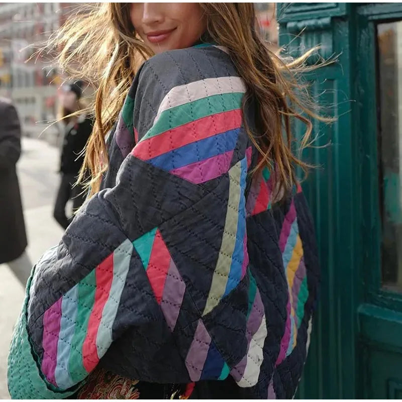 Heidi-Mode | Regenbogen Gestreifter Gepolsterter Kimono Weste